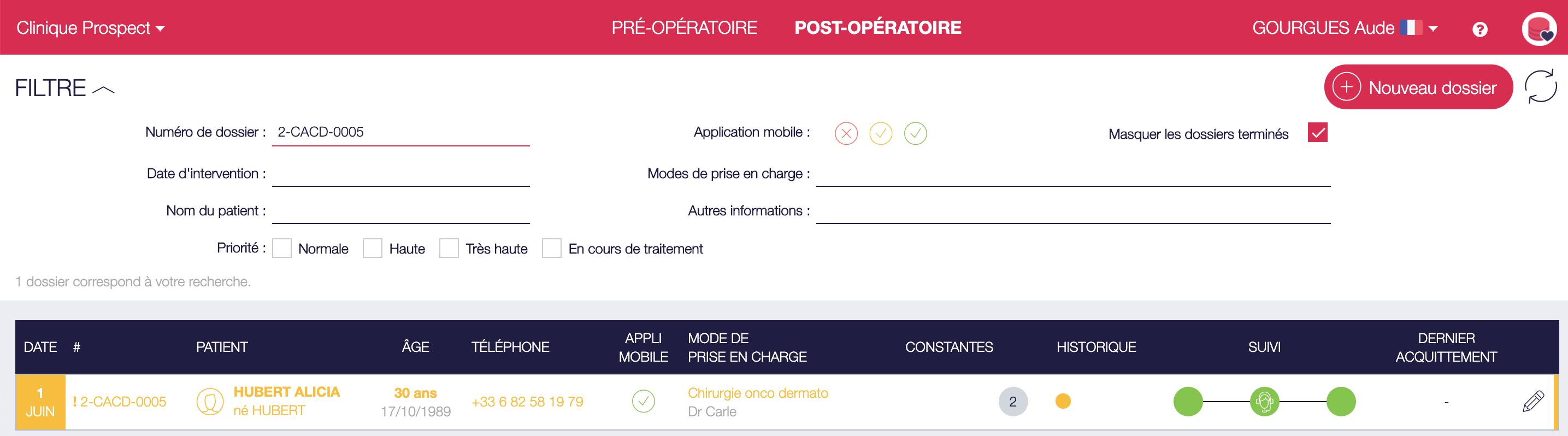 Filtre de la liste de dossier en fonction du N° de dossier