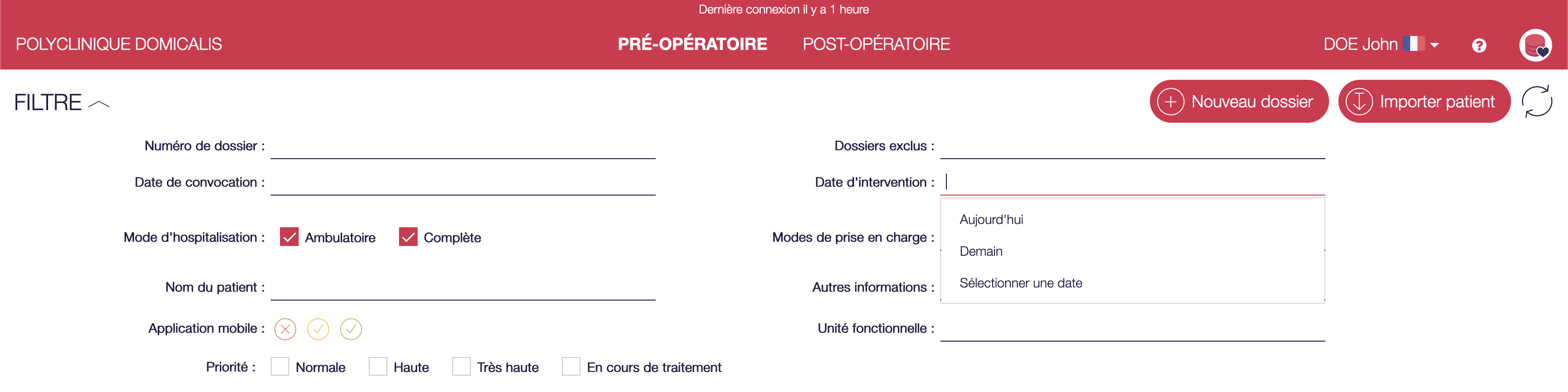Liste des options disponibles sur le filtre date d'intervention