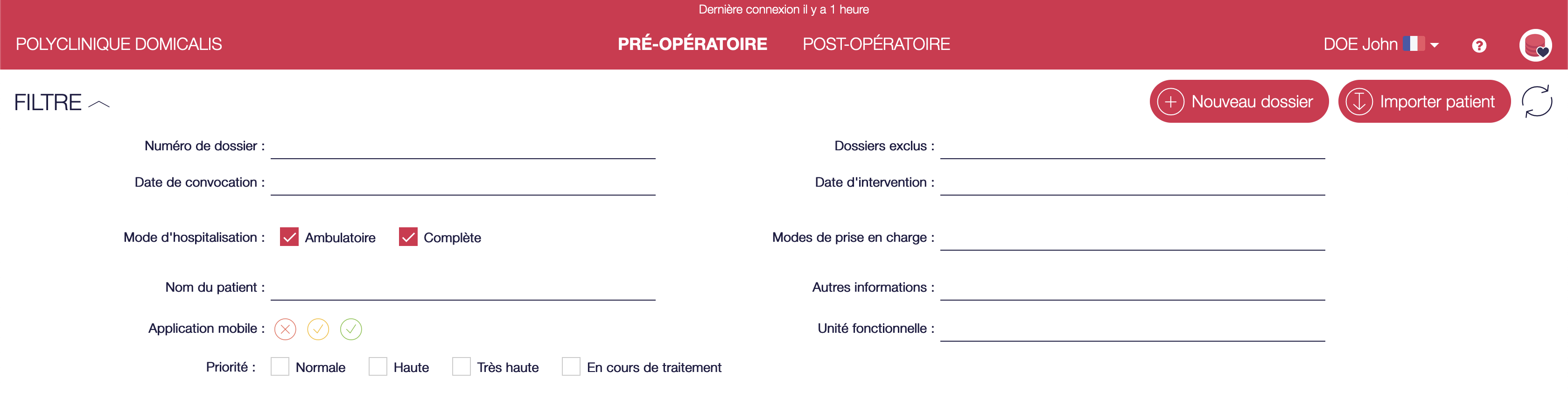 Liste des filtres disponibles sur la liste des patients en préopératoire