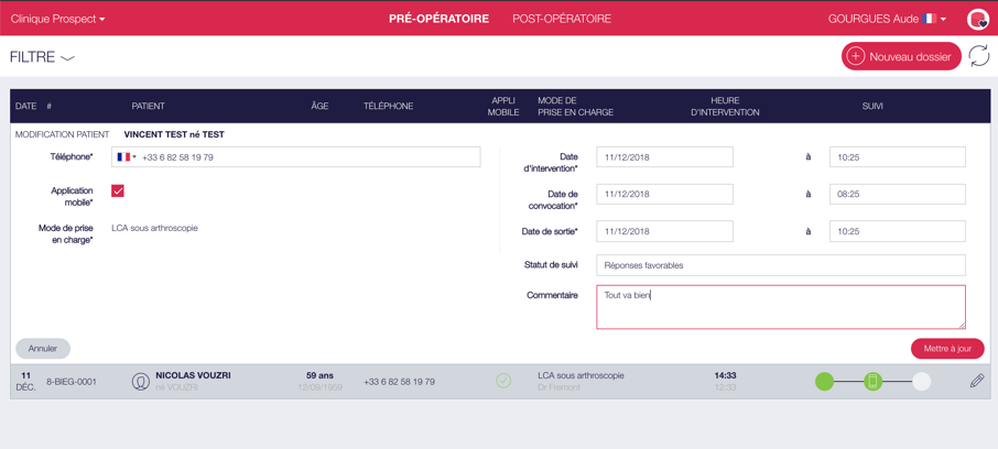 Page de mise à jour du dossier - depuis les tableaux de bord des dossiers