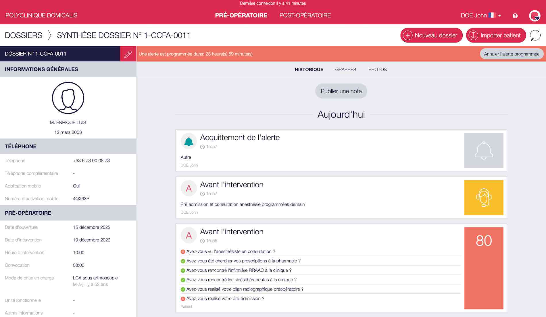 Timeline avec programmation d'alertes